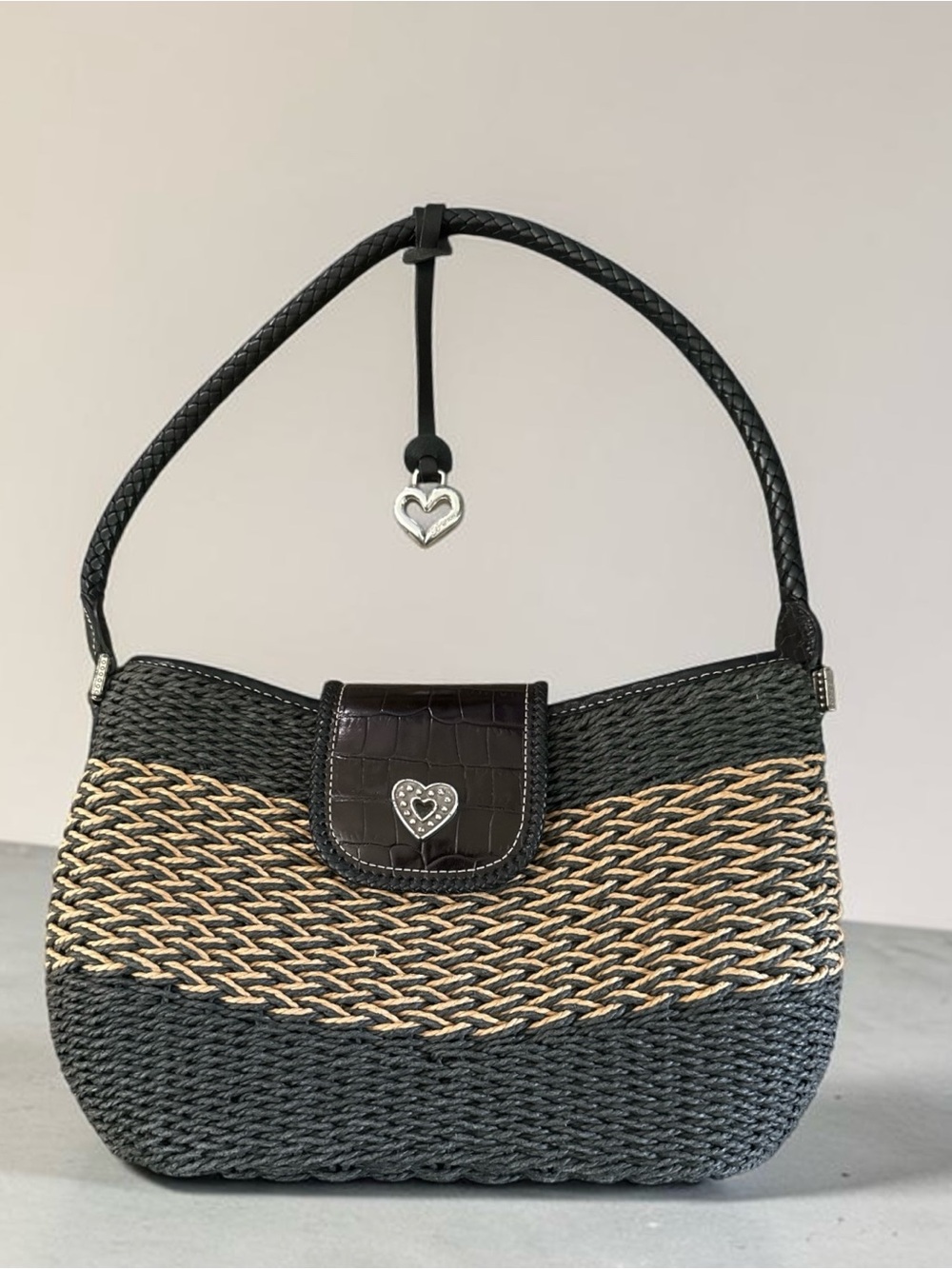Brighton Woven Shoulder Bag with Heart Accent - Black  Excellent condition